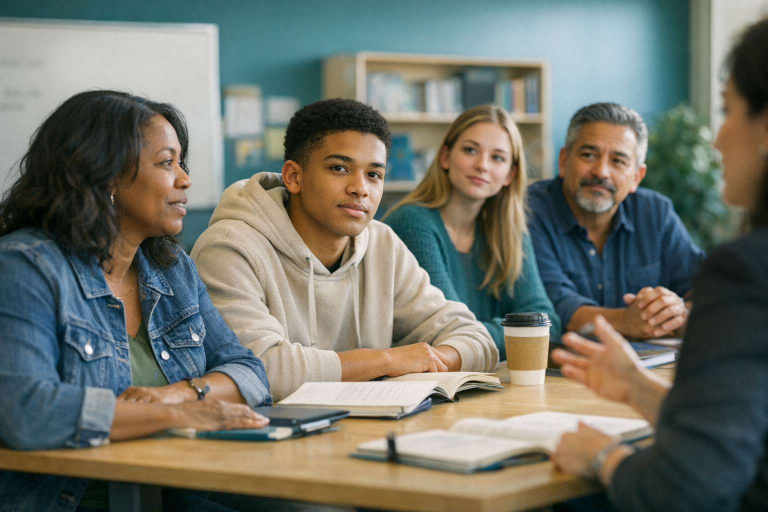 Ohio caregiver and high school student reviewing an attendance letter from school at a kitchen table with a notebook of questions