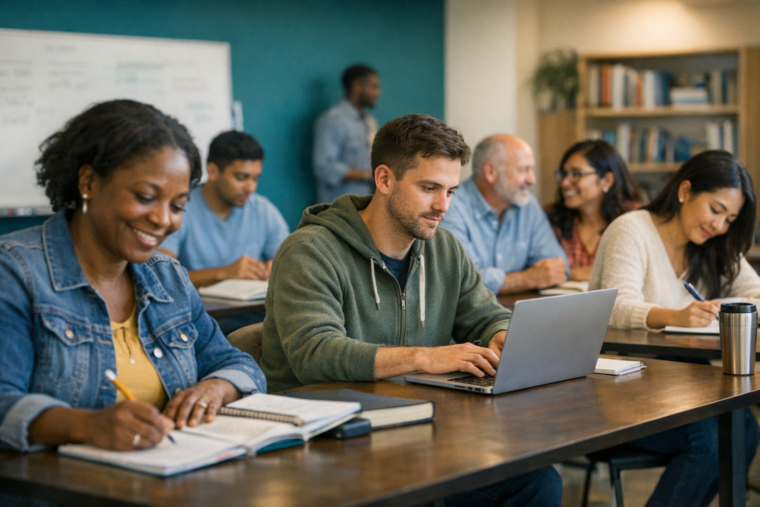 Adult learner in Ohio reviewing GED class and voucher options with a notebook and laptop