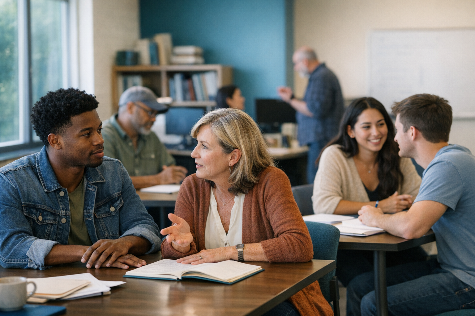 Adult learner in Canton, Ohio comparing GED preparation notes and career training options at a desk
