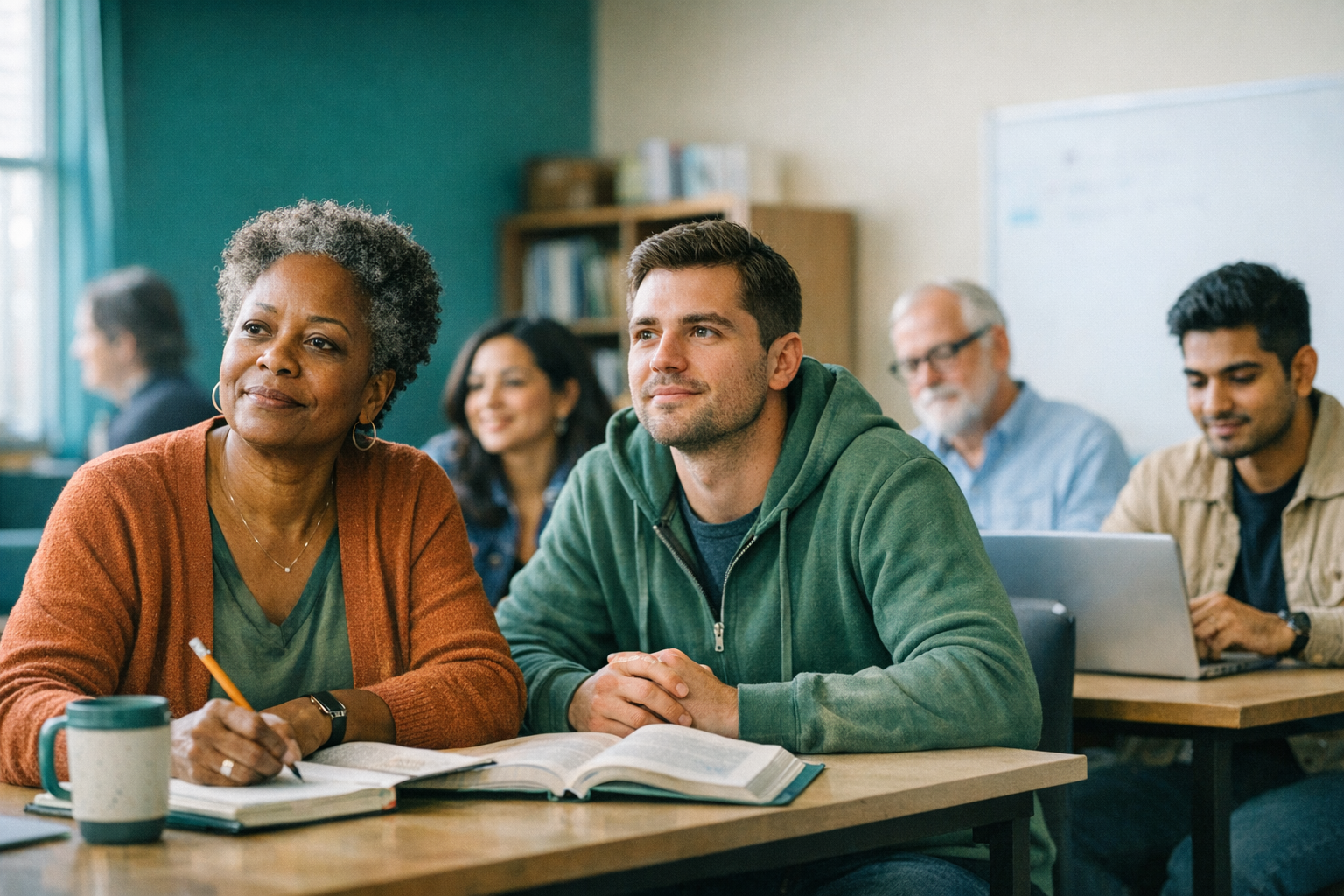 Adult learner in Cleveland comparing English classes, GED preparation, and high school diploma options with a notebook and laptop