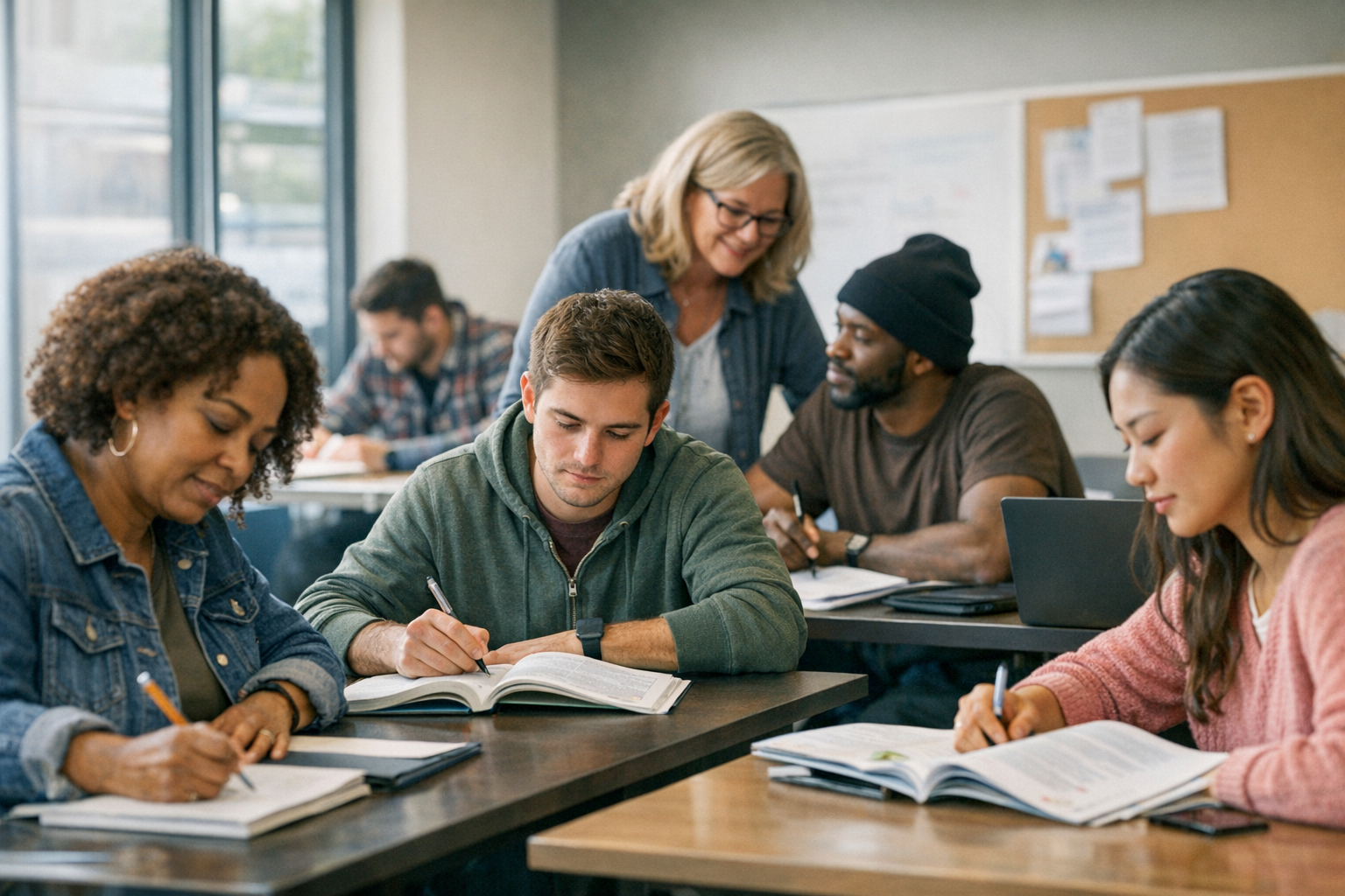 Ohio adult learner comparing GED programs, HiSET testing, and adult diploma options with a family member