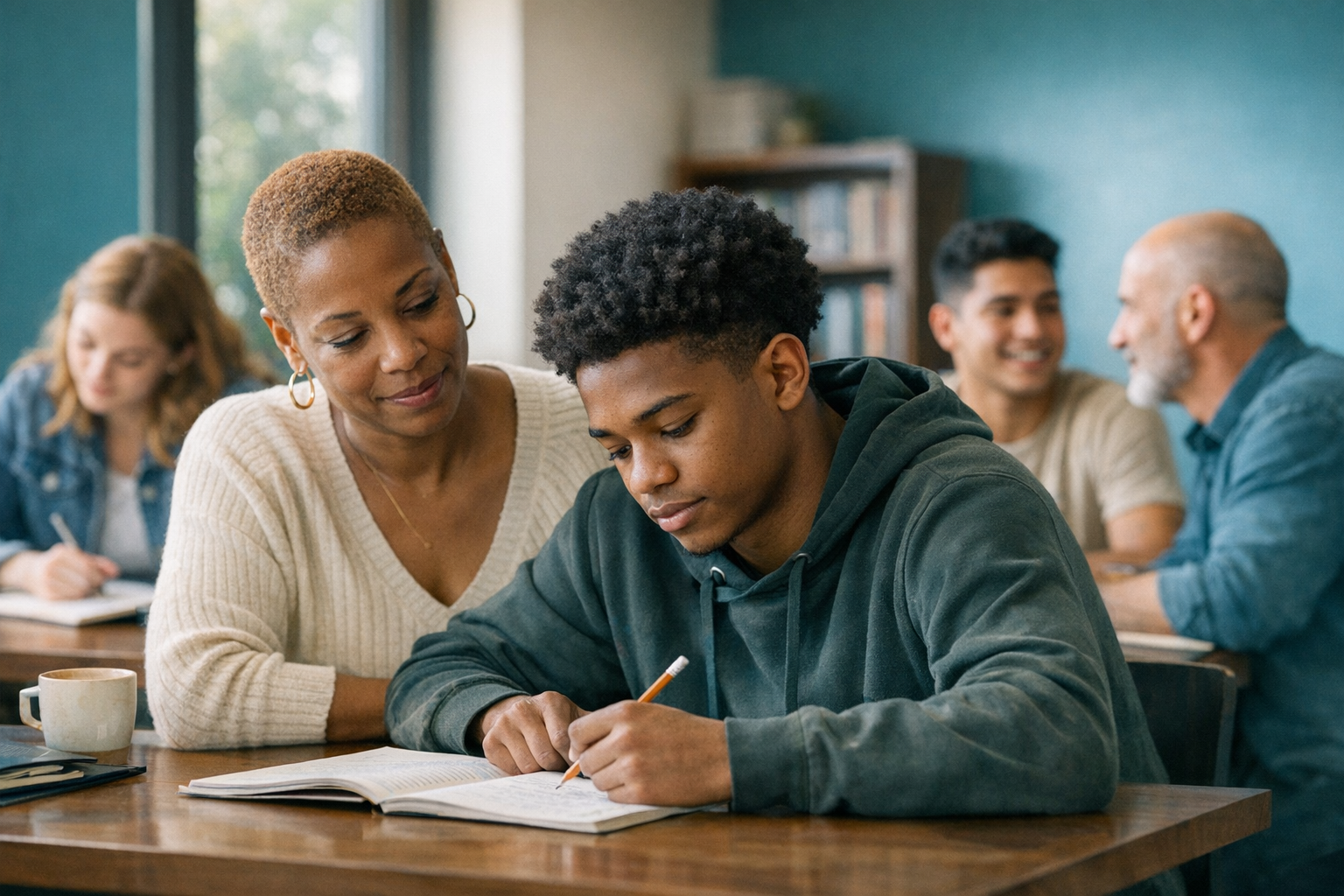 Ohio parent and teen sitting at a kitchen table with a notebook, preparing calm questions for a return-to-school meeting
