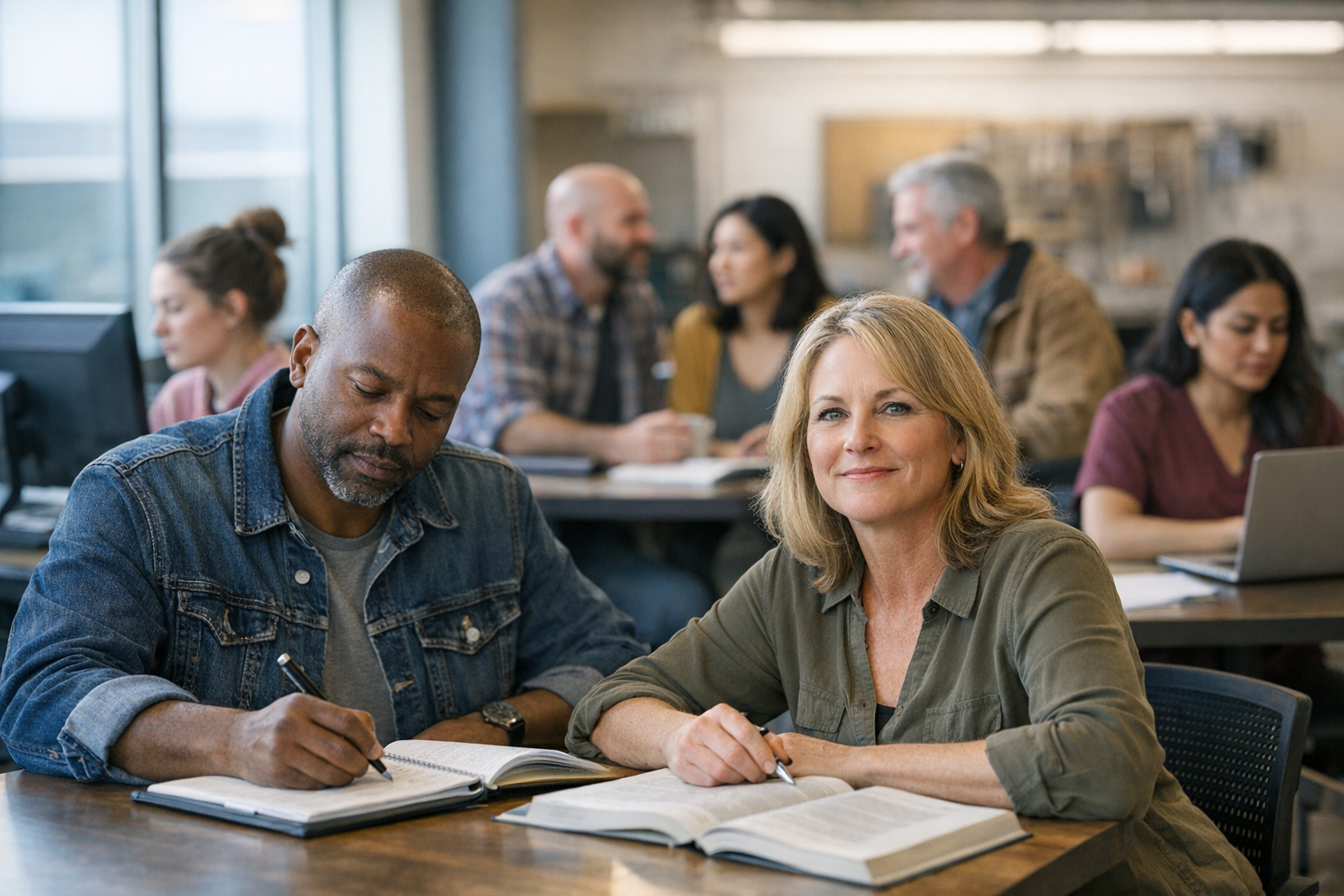 Adult learner in Ohio reviewing high school diploma and GED options with family support