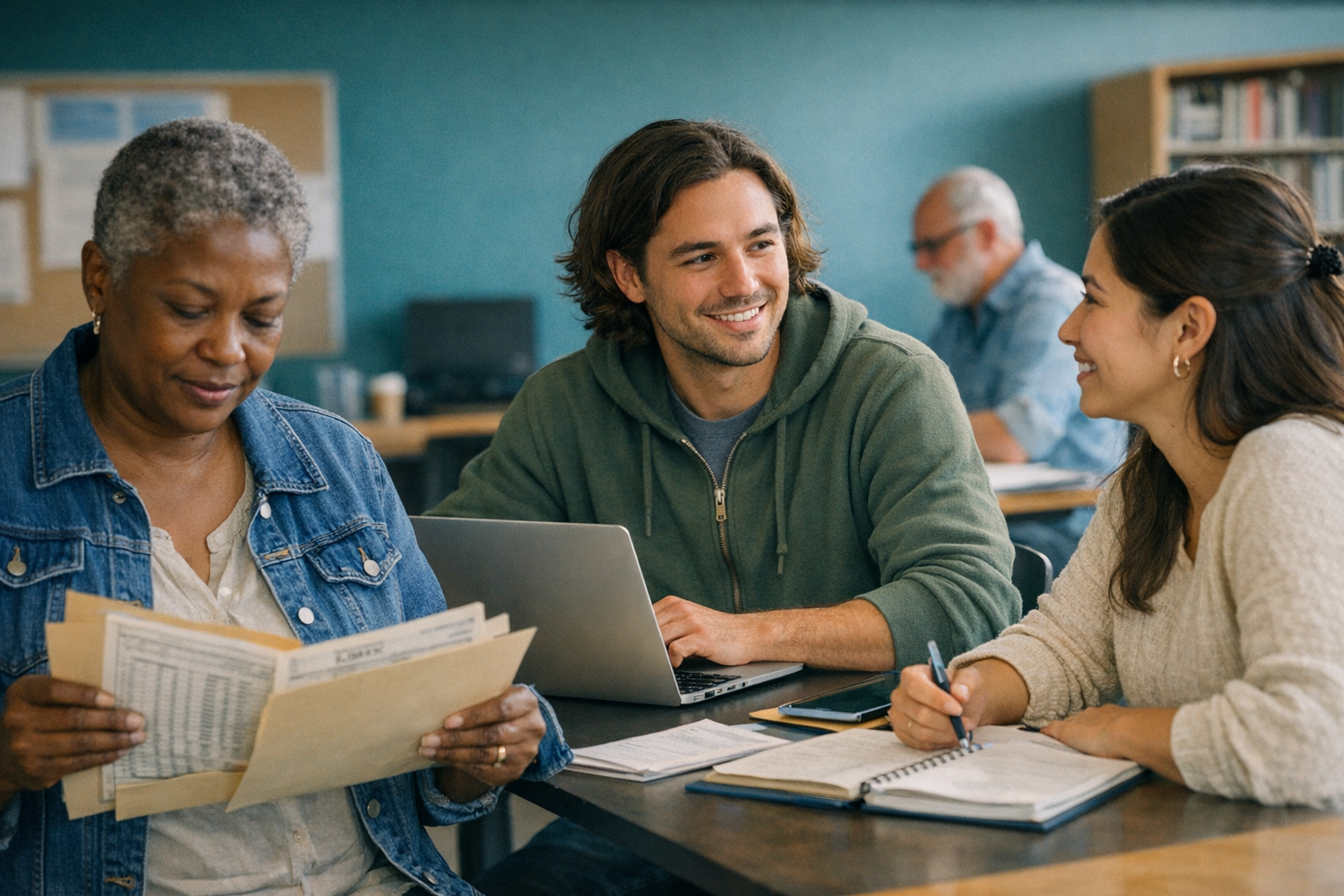 Ohio adult learner reviewing old school records and transcript request notes at a kitchen table