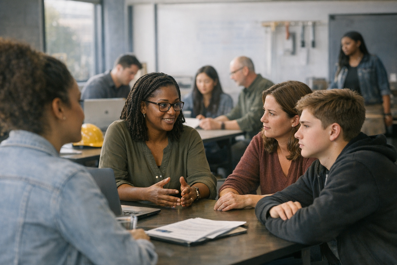 Ohio parent and high school student reviewing a graduation plan with a school counselor