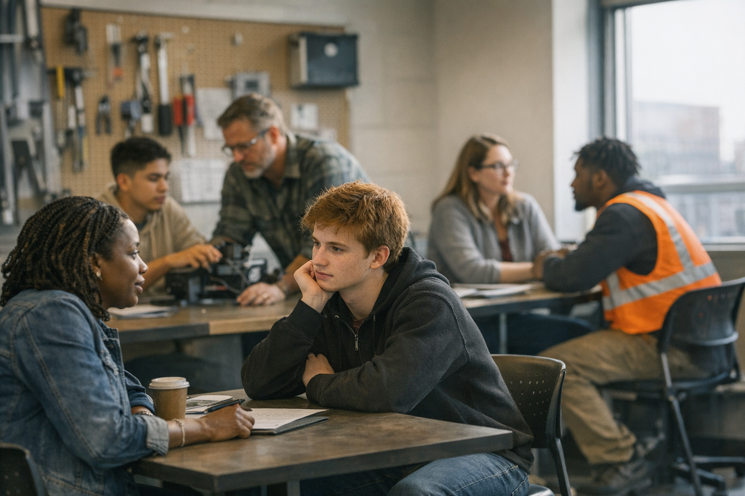 Ohio parent and teenager sitting at a kitchen table reviewing school options and a return-to-school plan with a notebook