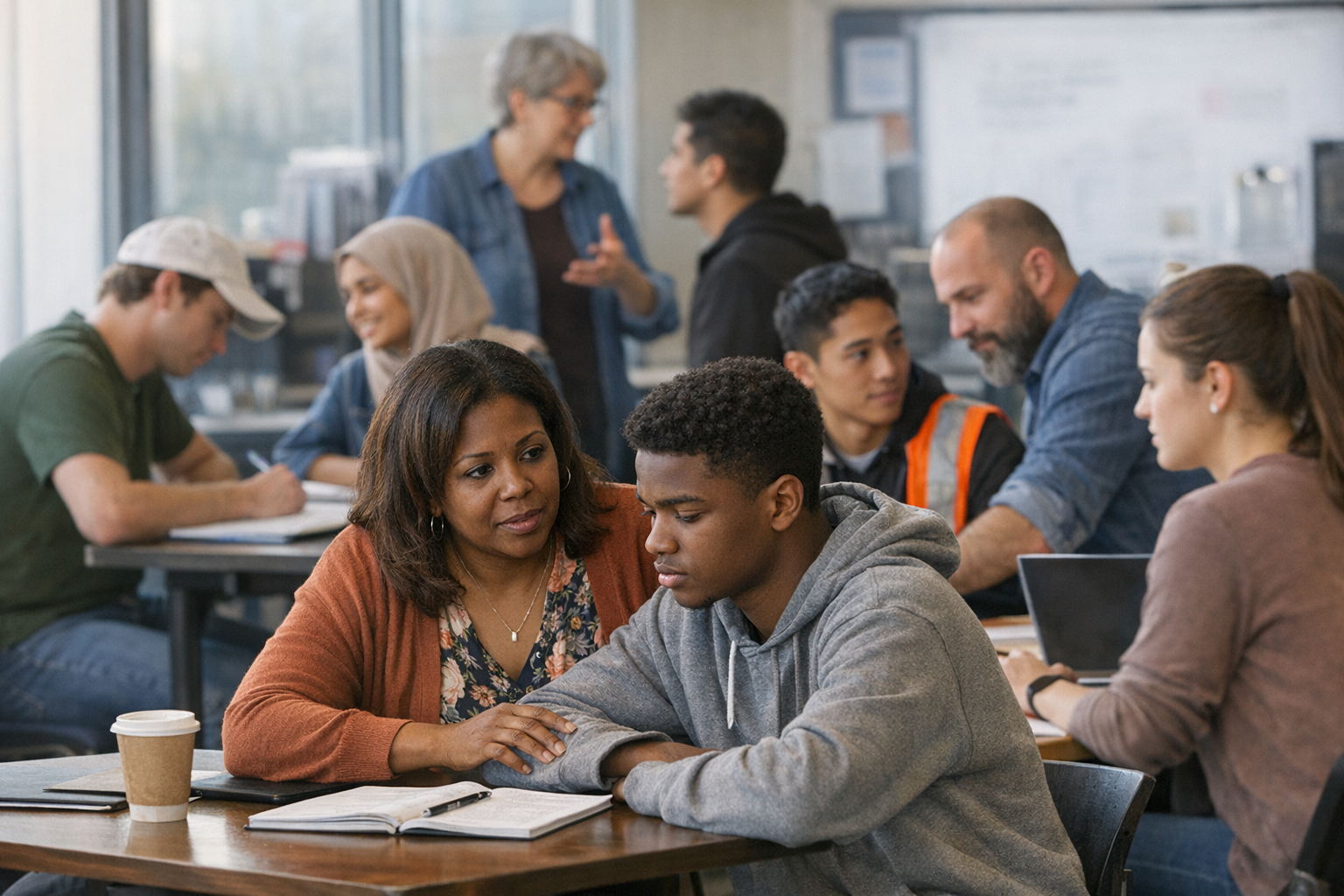Ohio parent and teen reviewing a school attendance notice together at a kitchen table