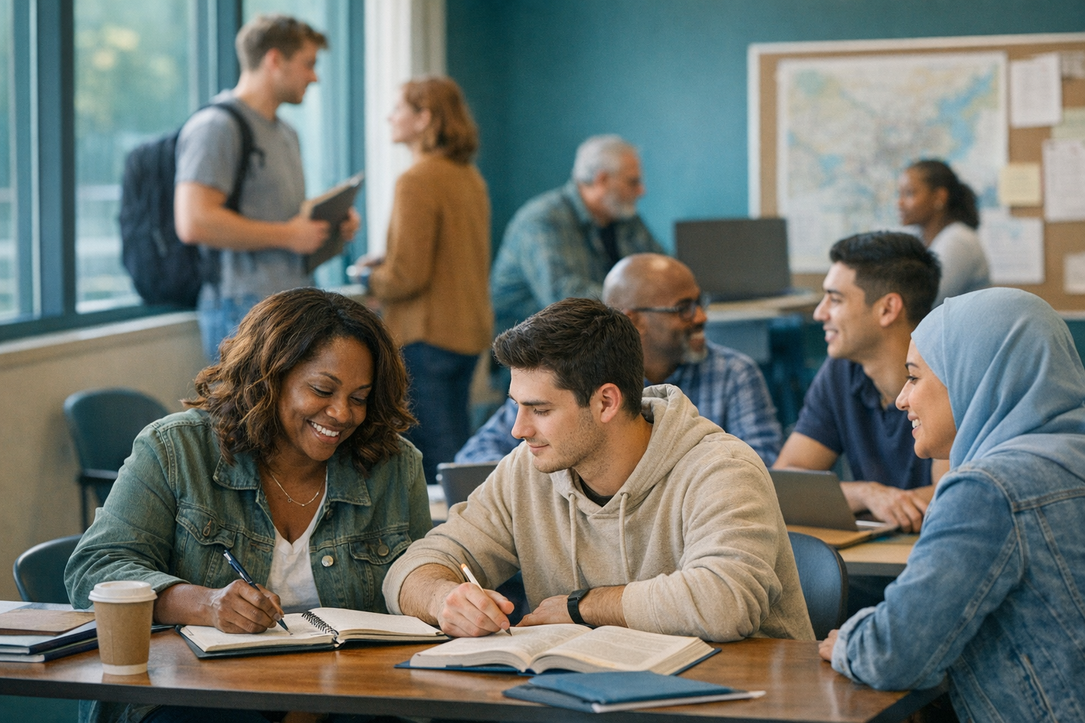 Adult learner planning a route from Toledo GED classes to an official testing appointment with notes, ID, and bus schedule