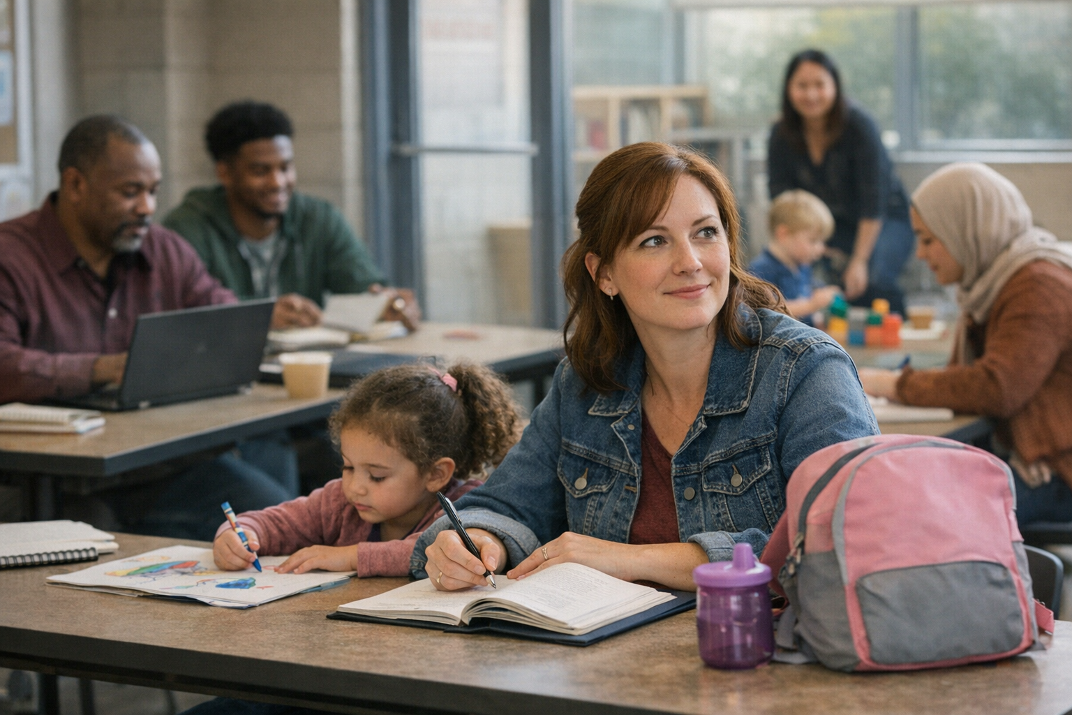 Ohio parent reviewing a class schedule and childcare plan at a kitchen table with a child nearby