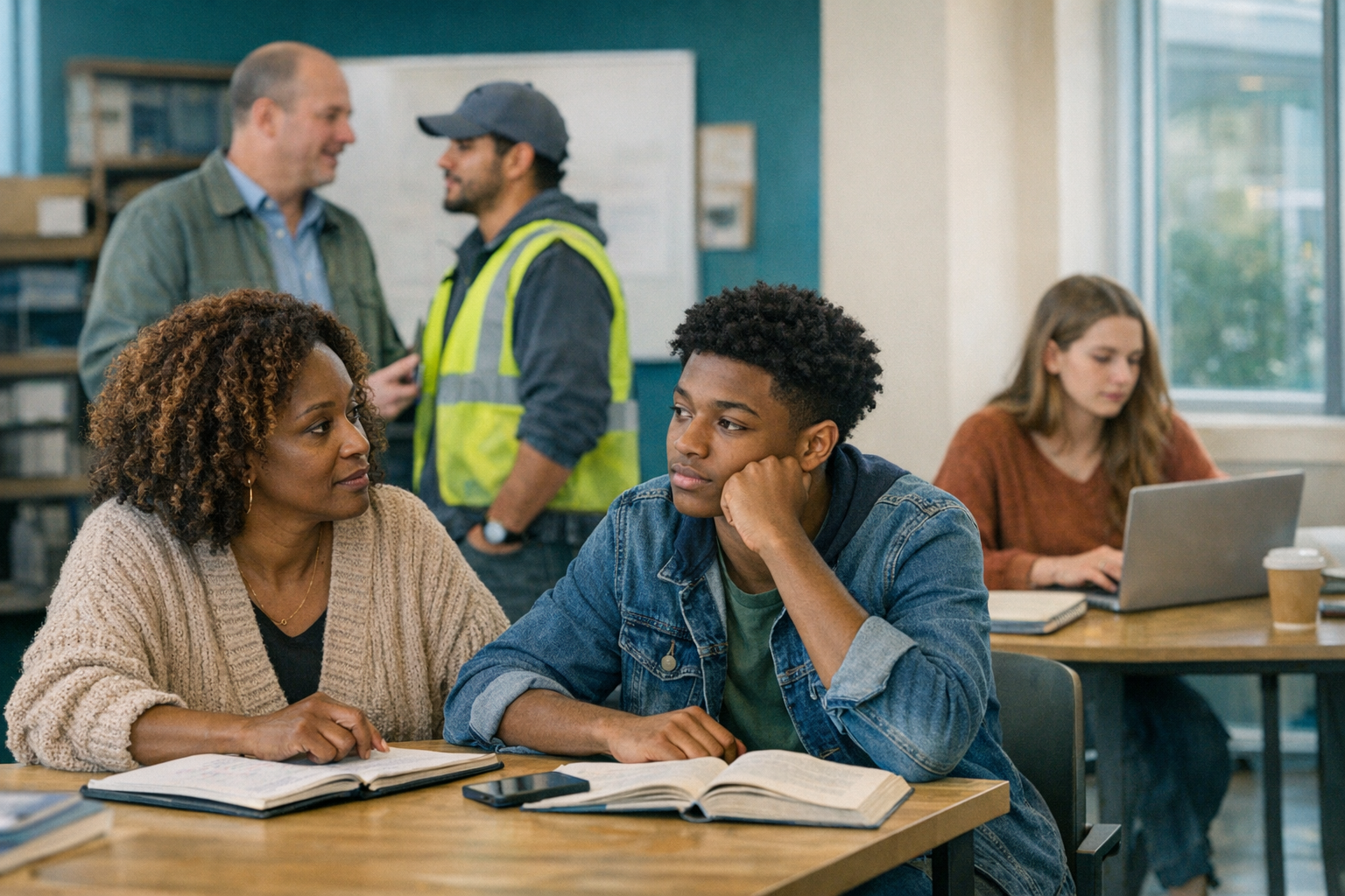 Ohio high school student and parent reviewing attendance records, missed class periods, and a graduation plan with a counselor
