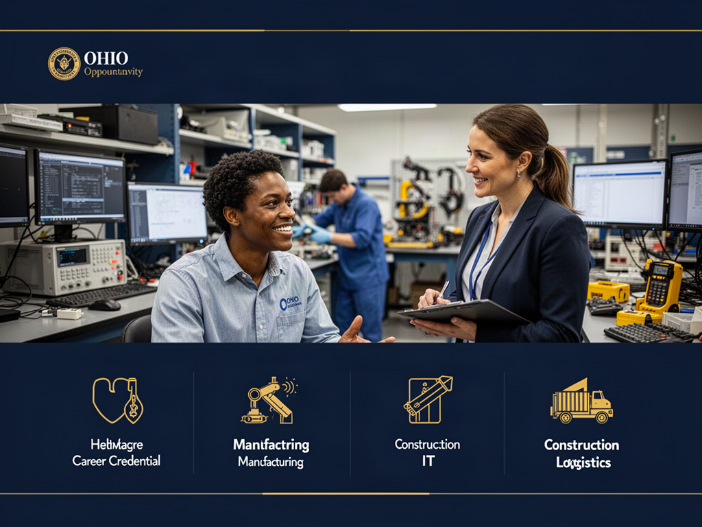 Adult learner in an Ohio technical training lab planning a diploma and career credential