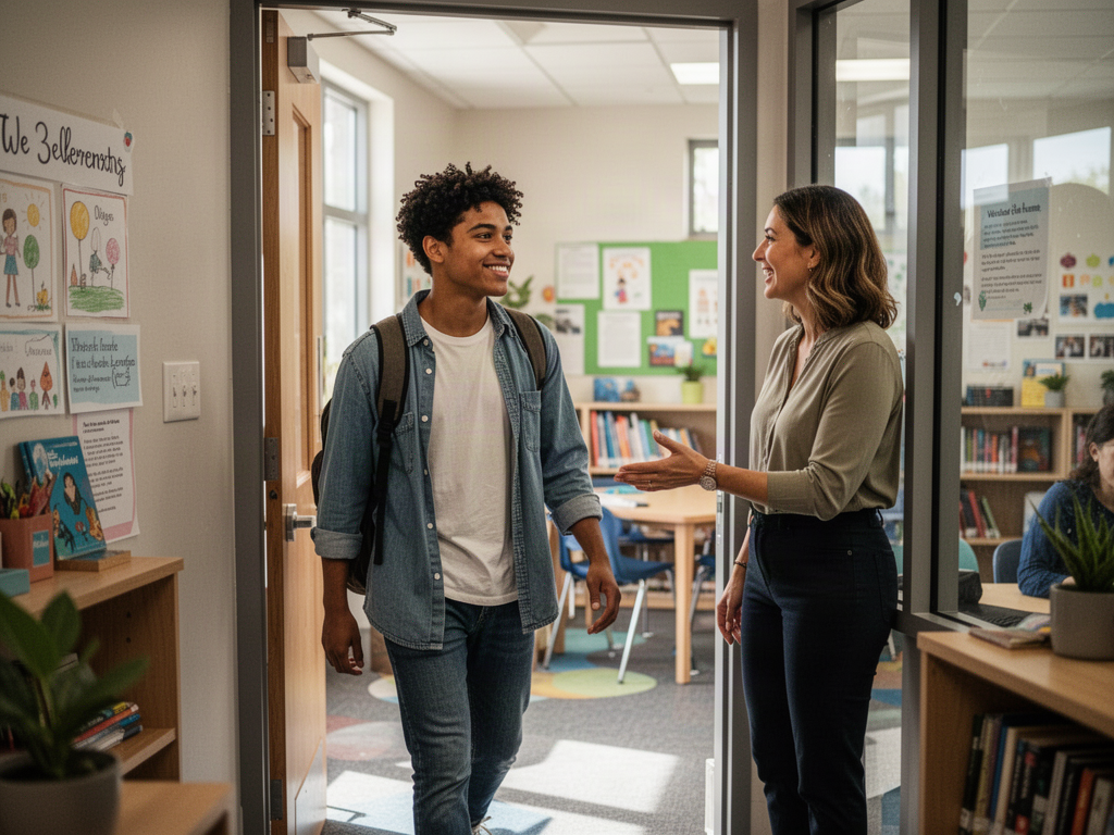 Learner meeting with an education navigator in a welcoming setting