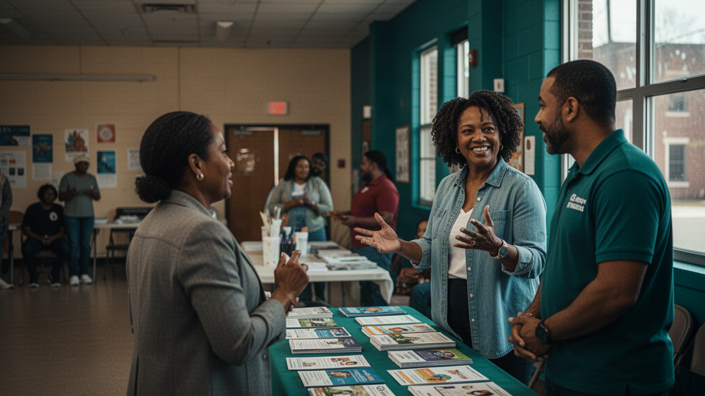 Families, educators and community partners connecting in person around a resource table