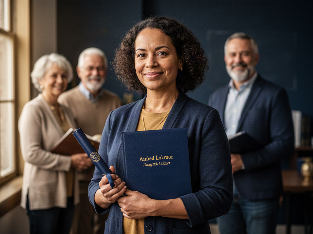 Adult learner reviewing diploma and career options near Canton, Ohio