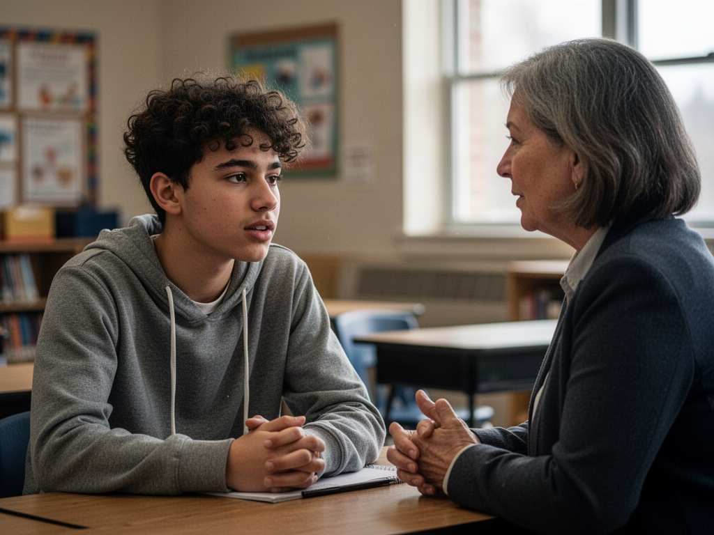 Ohio high school learner talking with a supportive adult about returning to school