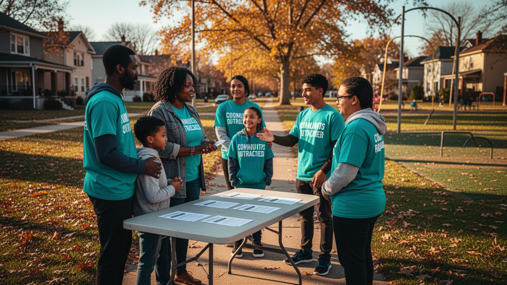 Local outreach ambassadors meeting families face-to-face in a neighborhood