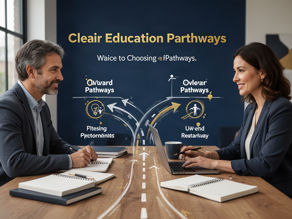 Adult learner and advisor comparing two Ohio education pathways
