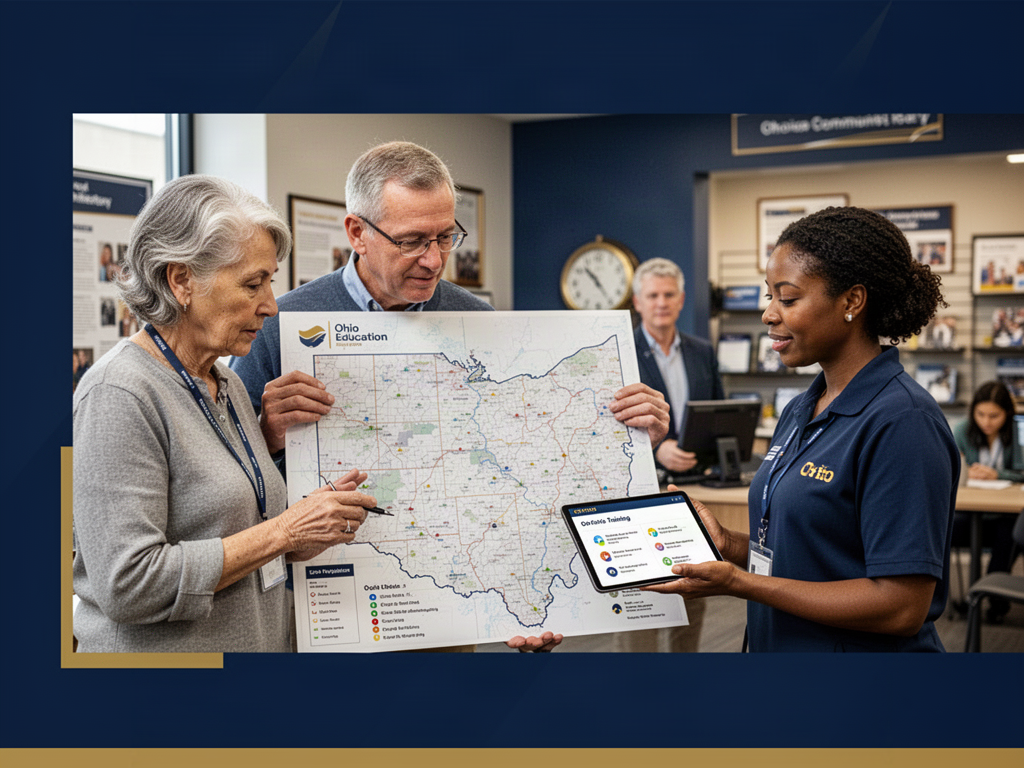 Adult learner reviewing diploma and career options near Toledo, Ohio