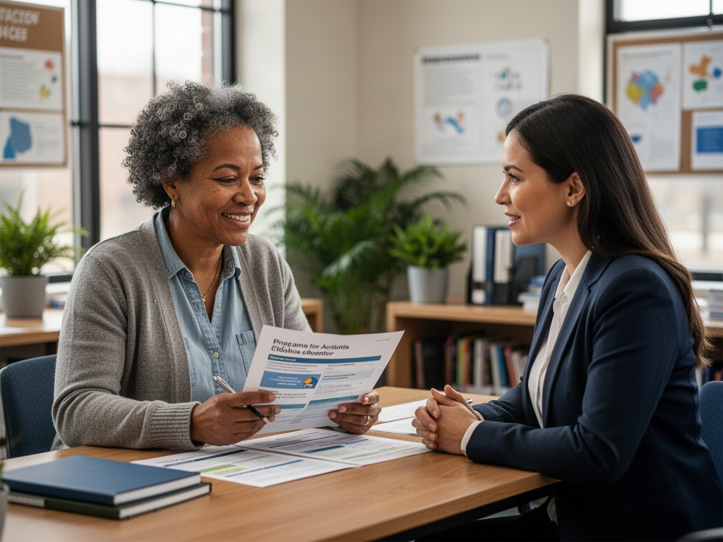 Adult learner returning to school with supportive guidance